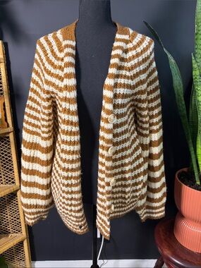 Striped Brown and Cream Button-Front Women’s Sweater Cardigan